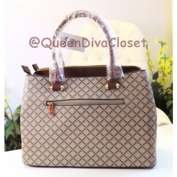 Designer Style Brown Tan Floral Geometric Diamond Monogram Handbag Purse Satchel - Picture 4 of 9